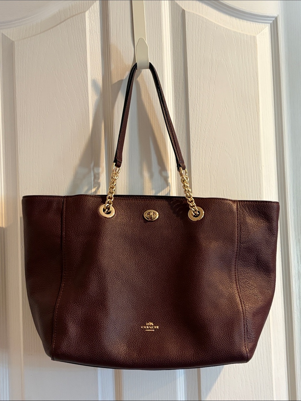 Coach Pebbled Leather Tote in Deep Burgundy with Gold Hardware
